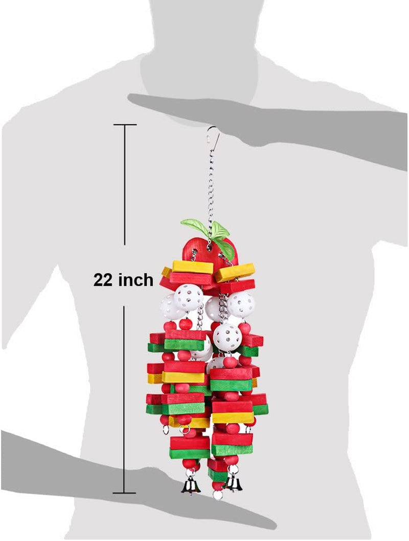 Colorful bird toy with dimensions shown on a mannequin