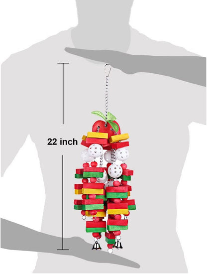 Colorful bird toy with dimensions shown on a mannequin