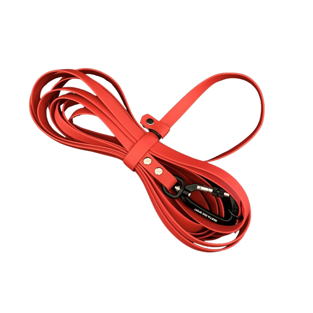 Red dog leash with a clip on a white background