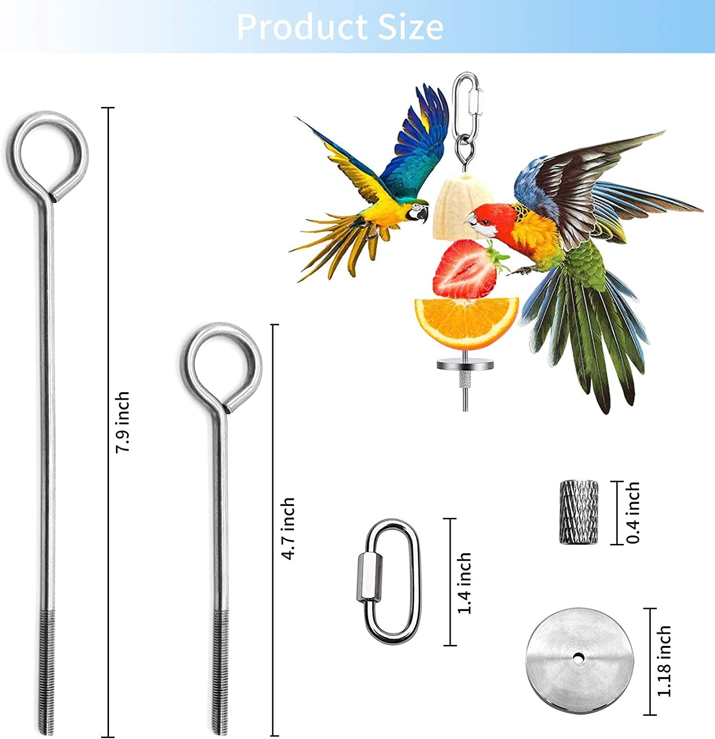 Set of stainless steel straws with measurements and a decorative parrot illustration.