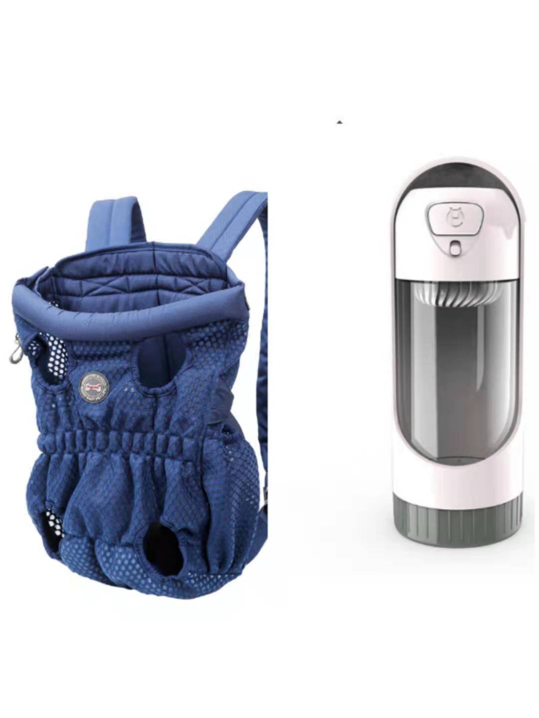 Blue pet carrier and white and gray device on a white background