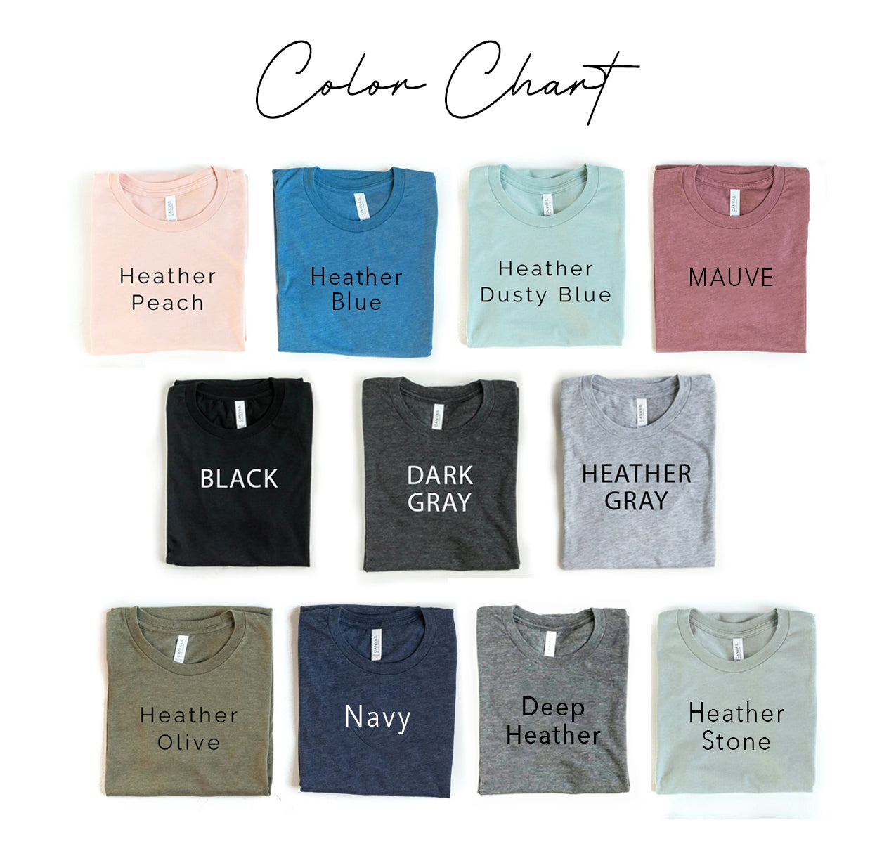 Color chart of folded shirts in various colors with labels on a white background