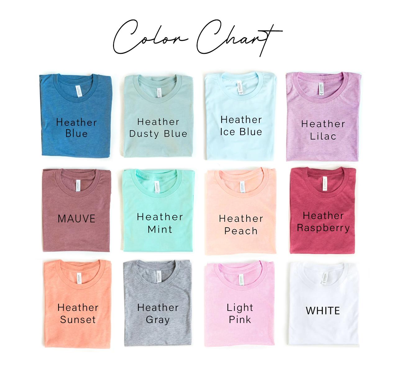 Color chart of various heathered t-shirt colors on a white background
