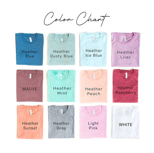 Color chart with various heathered t-shirt colors on a white background