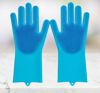 Pair of blue silicone gloves on a light background