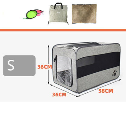 Pet carrier with dimensions displayed on a white background