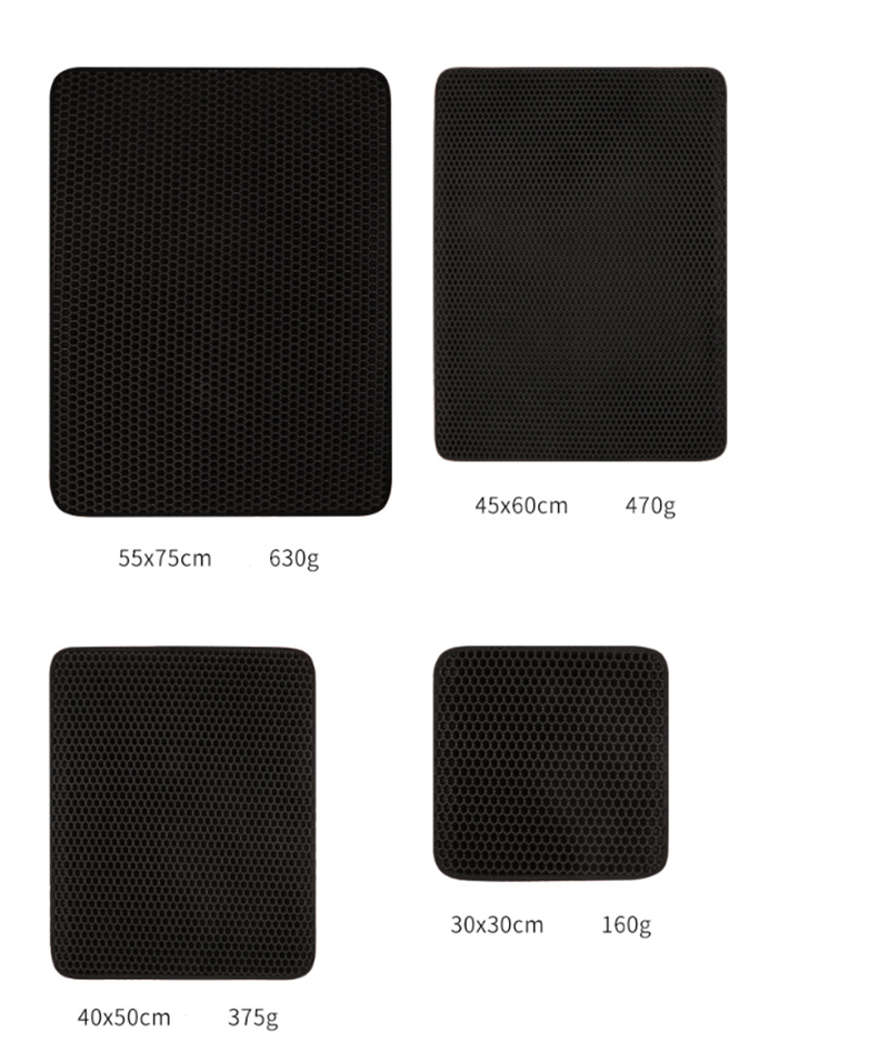 Set of black honeycomb pads with dimensions and weights displayed below each.