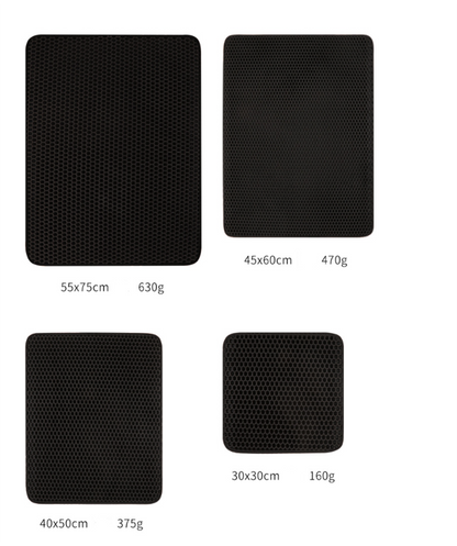 Set of black honeycomb pads with dimensions and weights displayed below each.