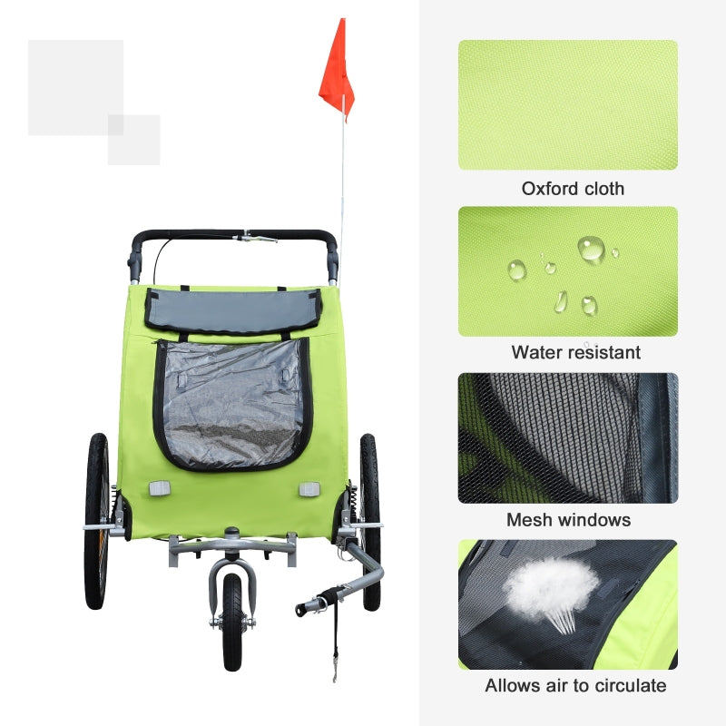 Green bicycle trailer with features highlighted on a white background