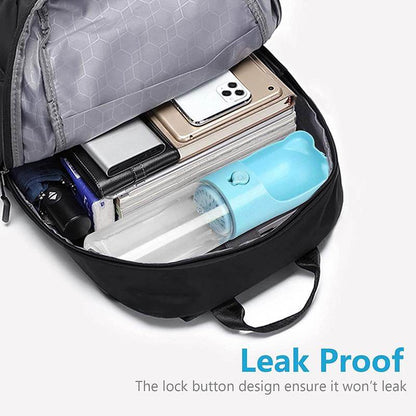 Backpack with compartments containing a phone, wallet, and a blue leak-proof container on a white background.
