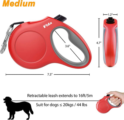 Red retractable dog leash with measurements and usage information on a white background