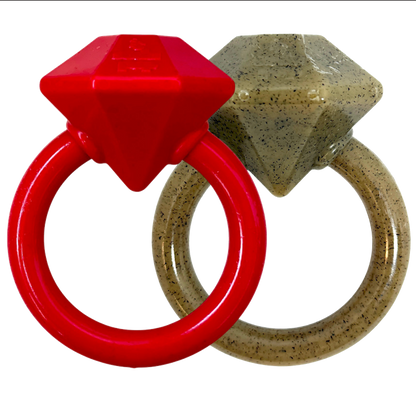 Two diamond-shaped objects, one red and one beige, on a white background