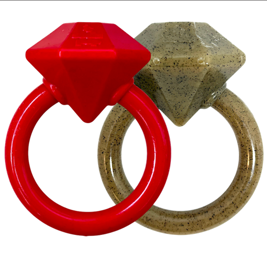 Two diamond-shaped objects, one red and one beige, on a white background
