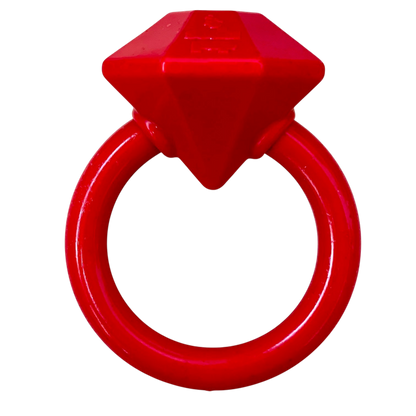 Red plastic ring with a square handle on a white background