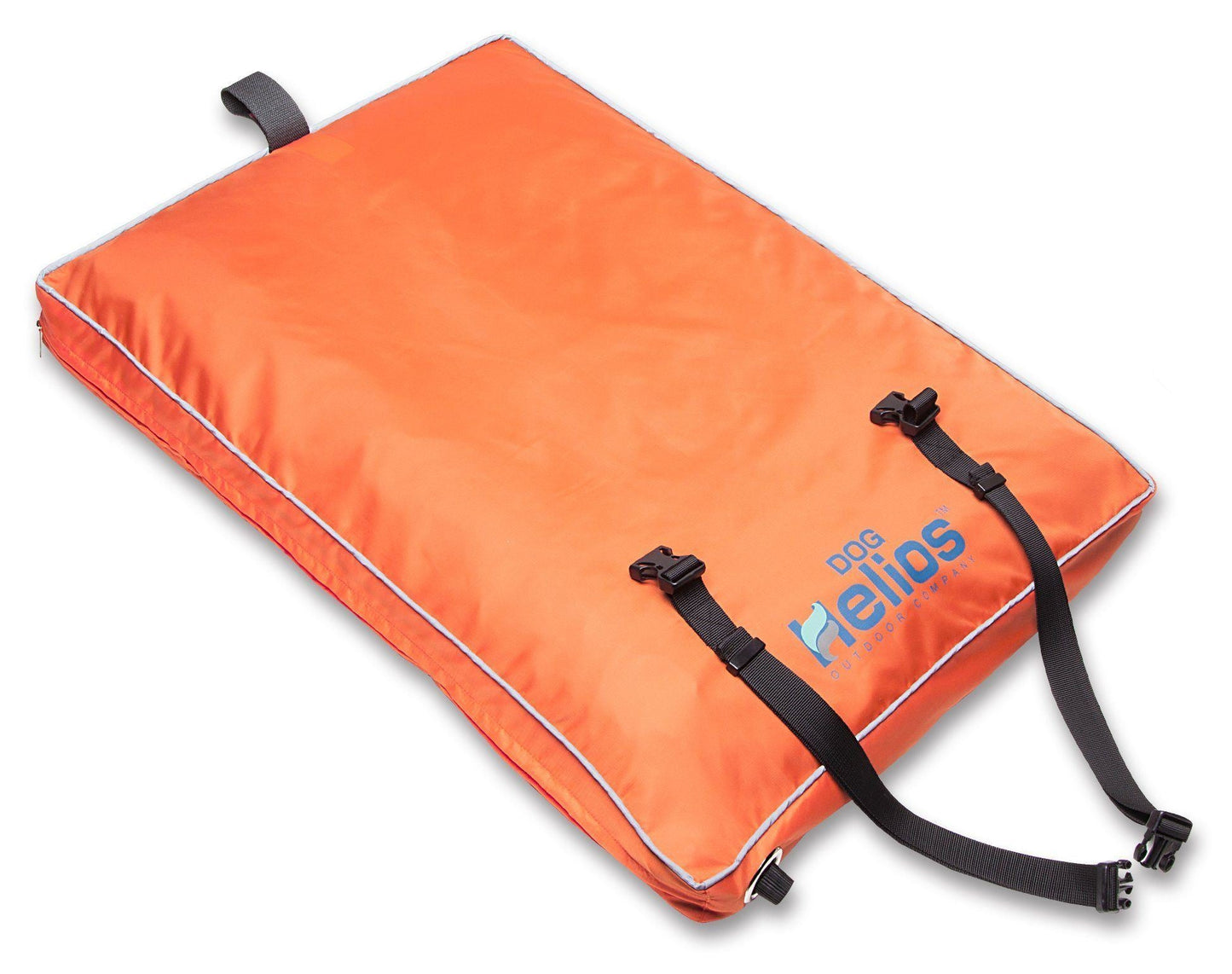 Orange inflatable mat with black straps on a white background