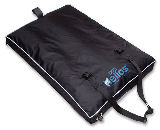 Black travel mat with 'Dog Helios' branding on a white background