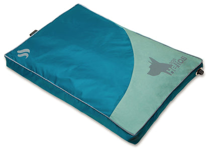 Teal and green sleeping pad with a brand logo on a white background