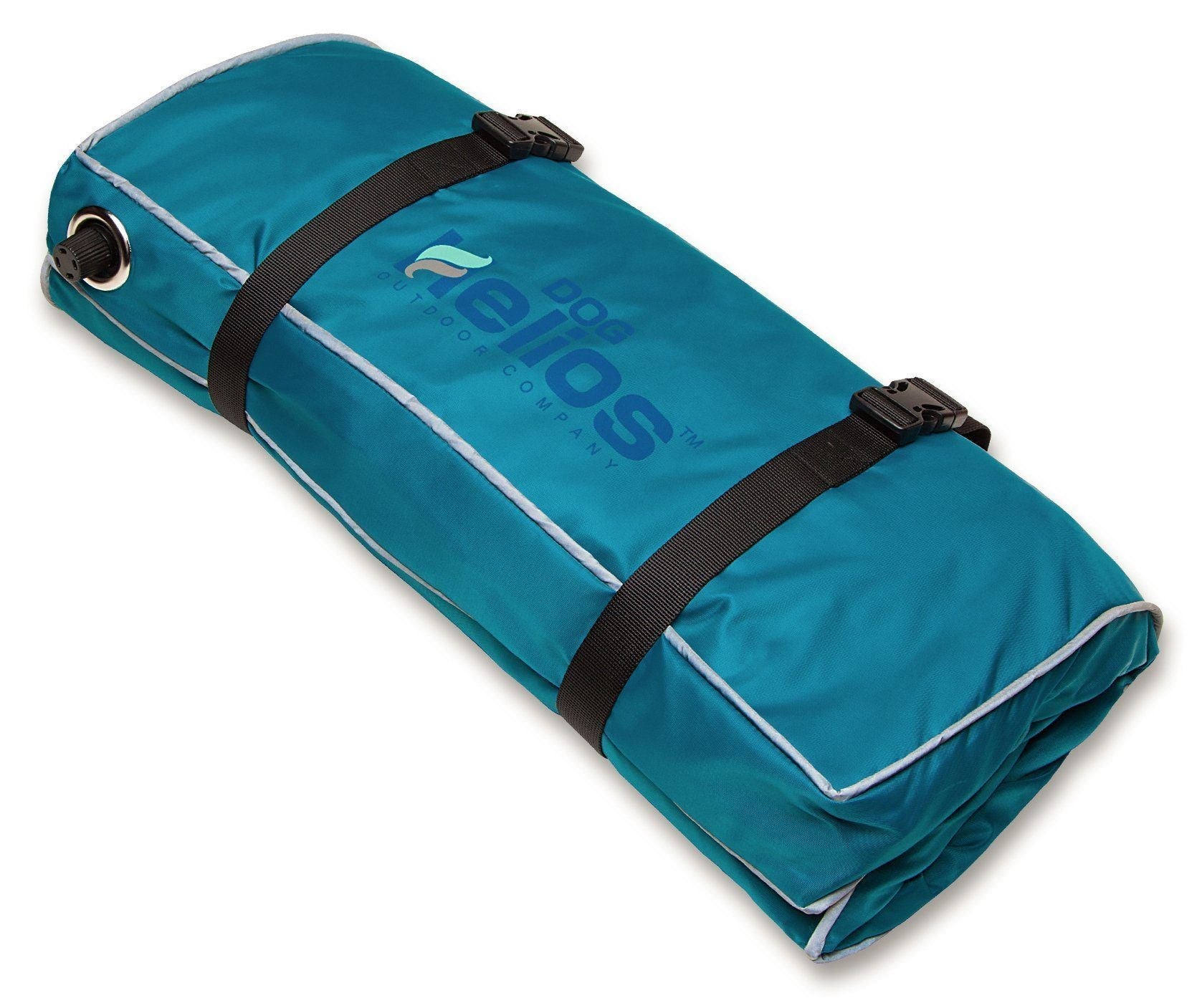 Teal sleeping pad with black straps on a white background
