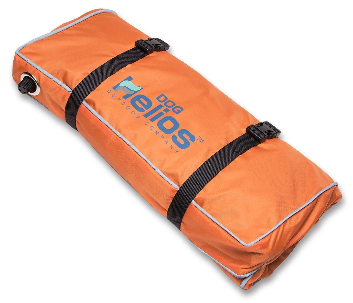 Orange sleeping pad with black straps and 'Helios' branding on a white background