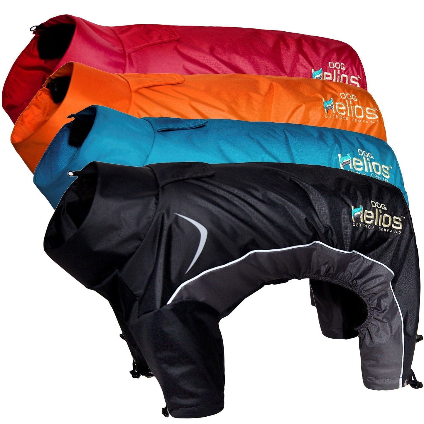 Four dog coats in red, orange, blue, and black with 'Dog Helios' branding on a white background.