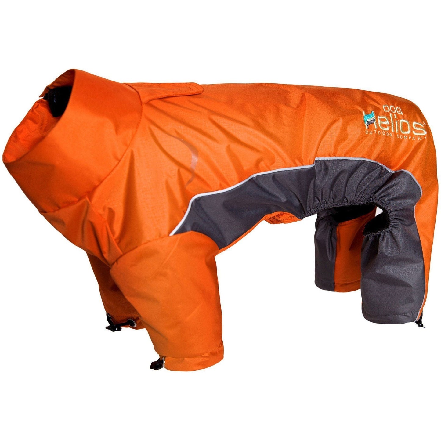 Orange and gray dog coat with 'Heliios' branding on a white background