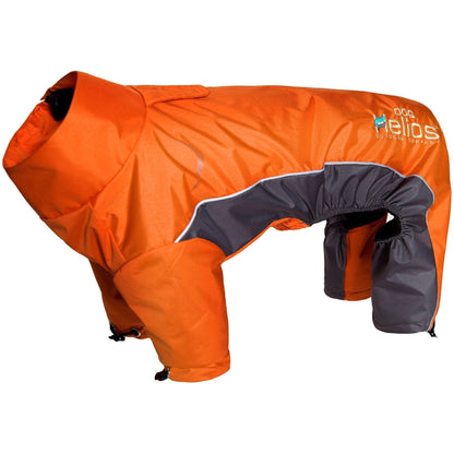 Orange and gray dog coat with 'Heliios' branding on a white background