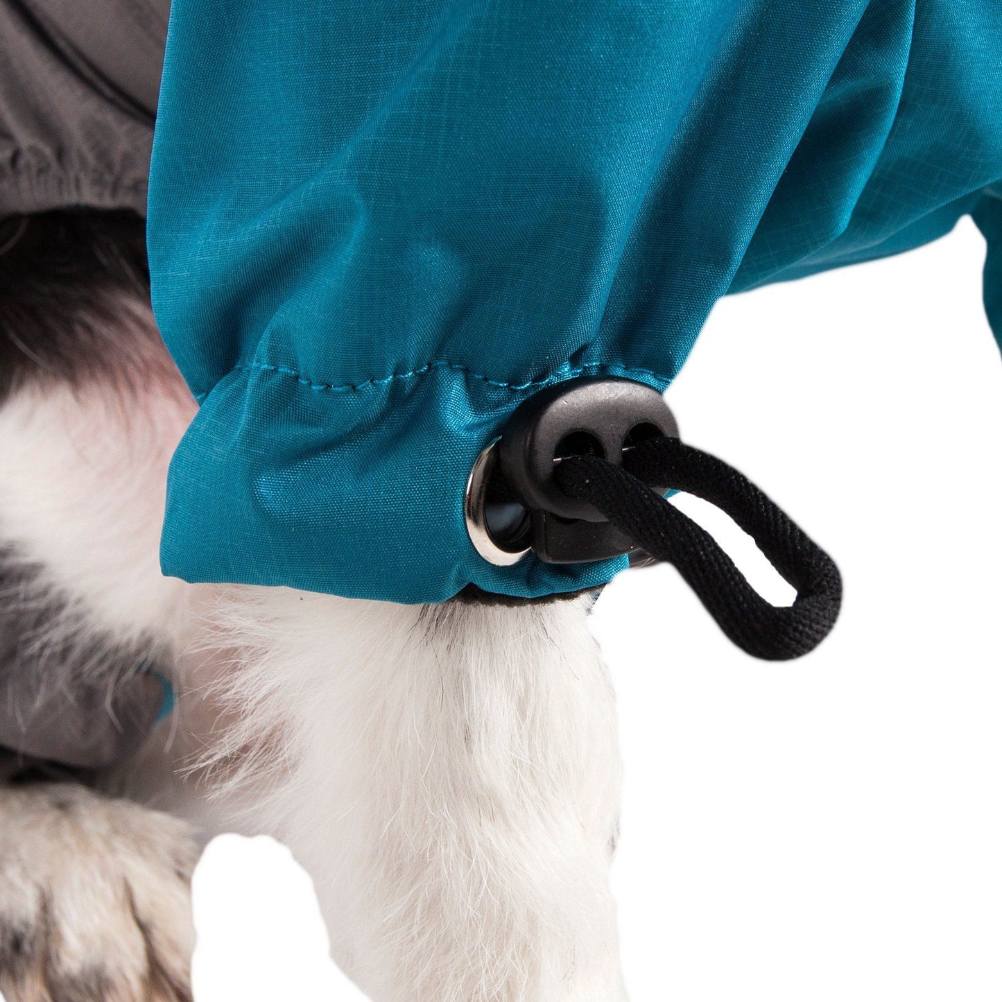 Close-up of a teal dog raincoat with a black strap on a white background