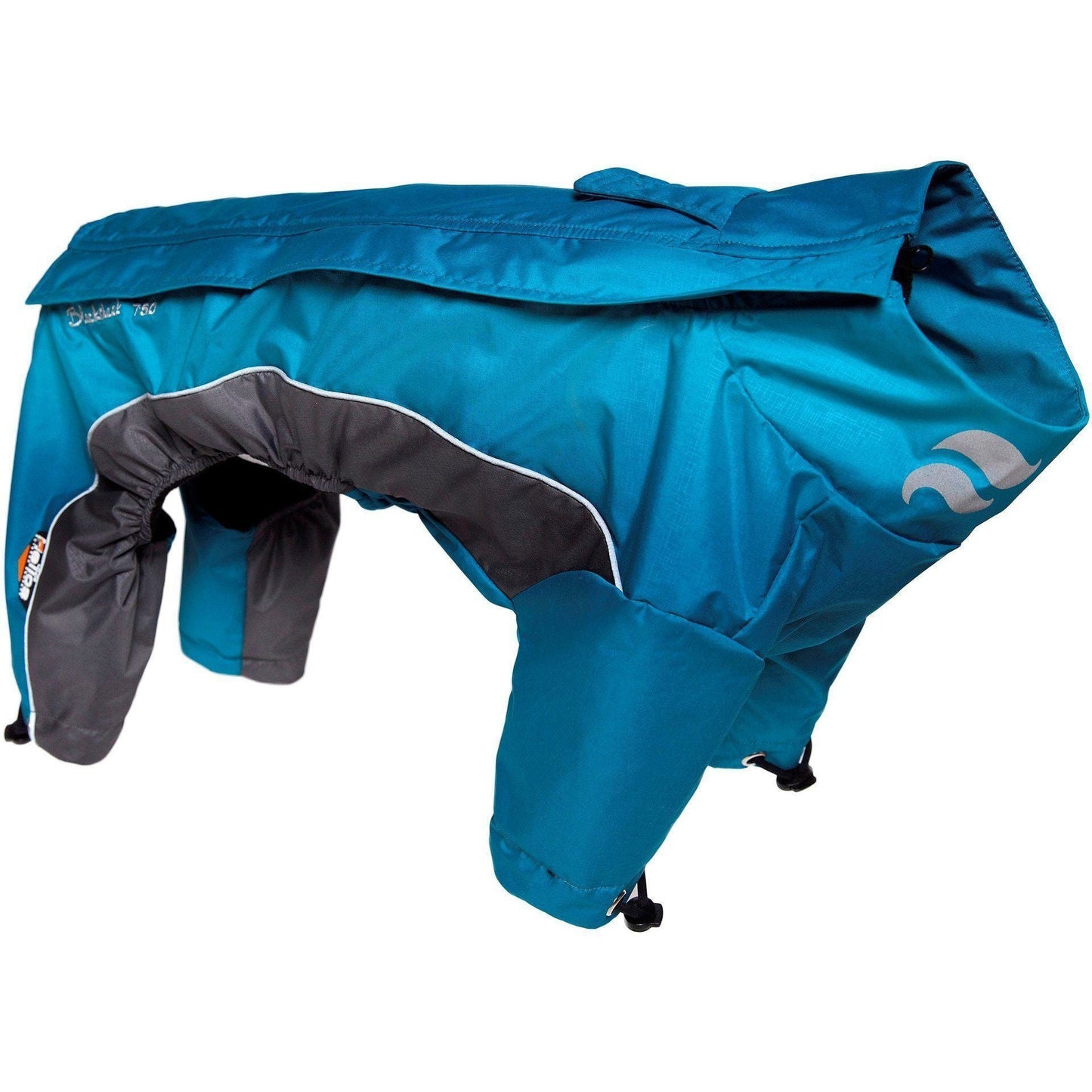 Blue dog raincoat with gray accents on a white background