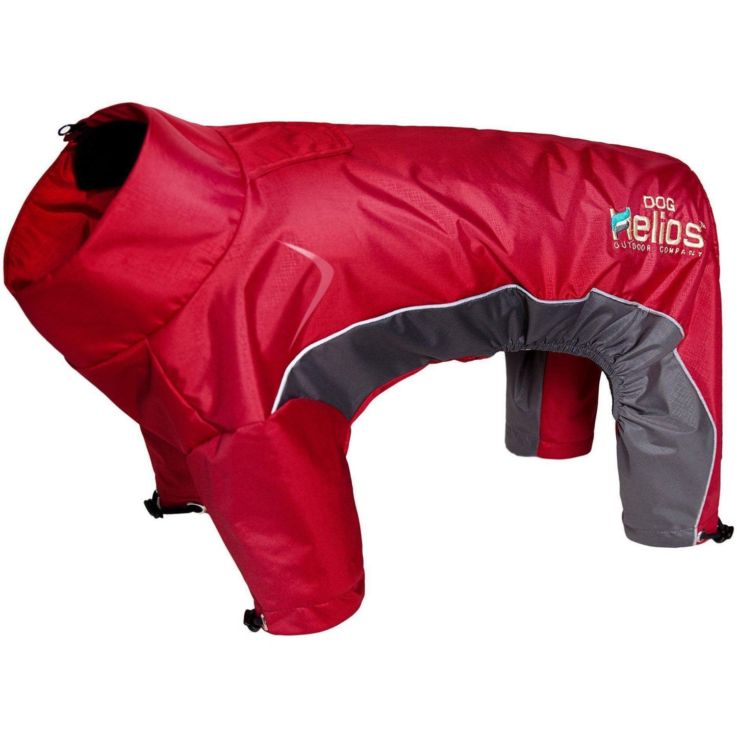 Red and gray dog coat with visible brand logo on a white background