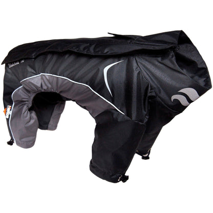 Black and gray dog raincoat with brand logo on a white background