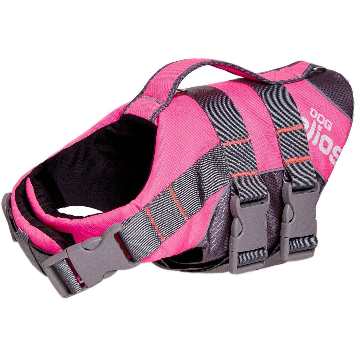 Pink and gray dog life jacket on a white background