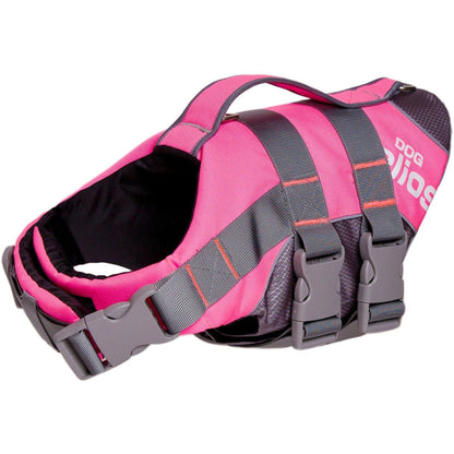 Pink and gray dog life jacket on a white background