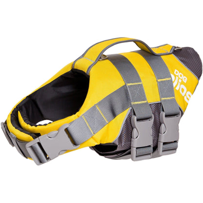 Yellow and gray dog life jacket with 'Polo' branding on a white background