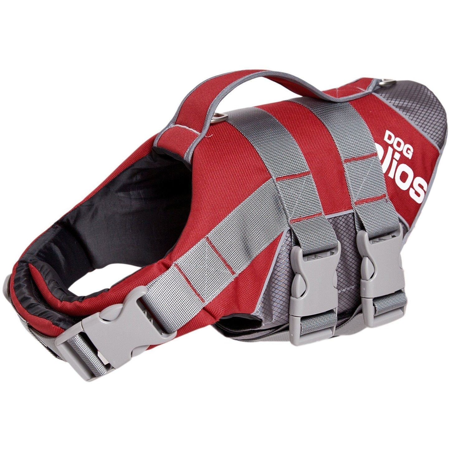 Red and gray dog harness with 'Dog Allies' branding on a white background