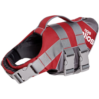 Red and gray dog harness with 'Dog Allies' branding on a white background