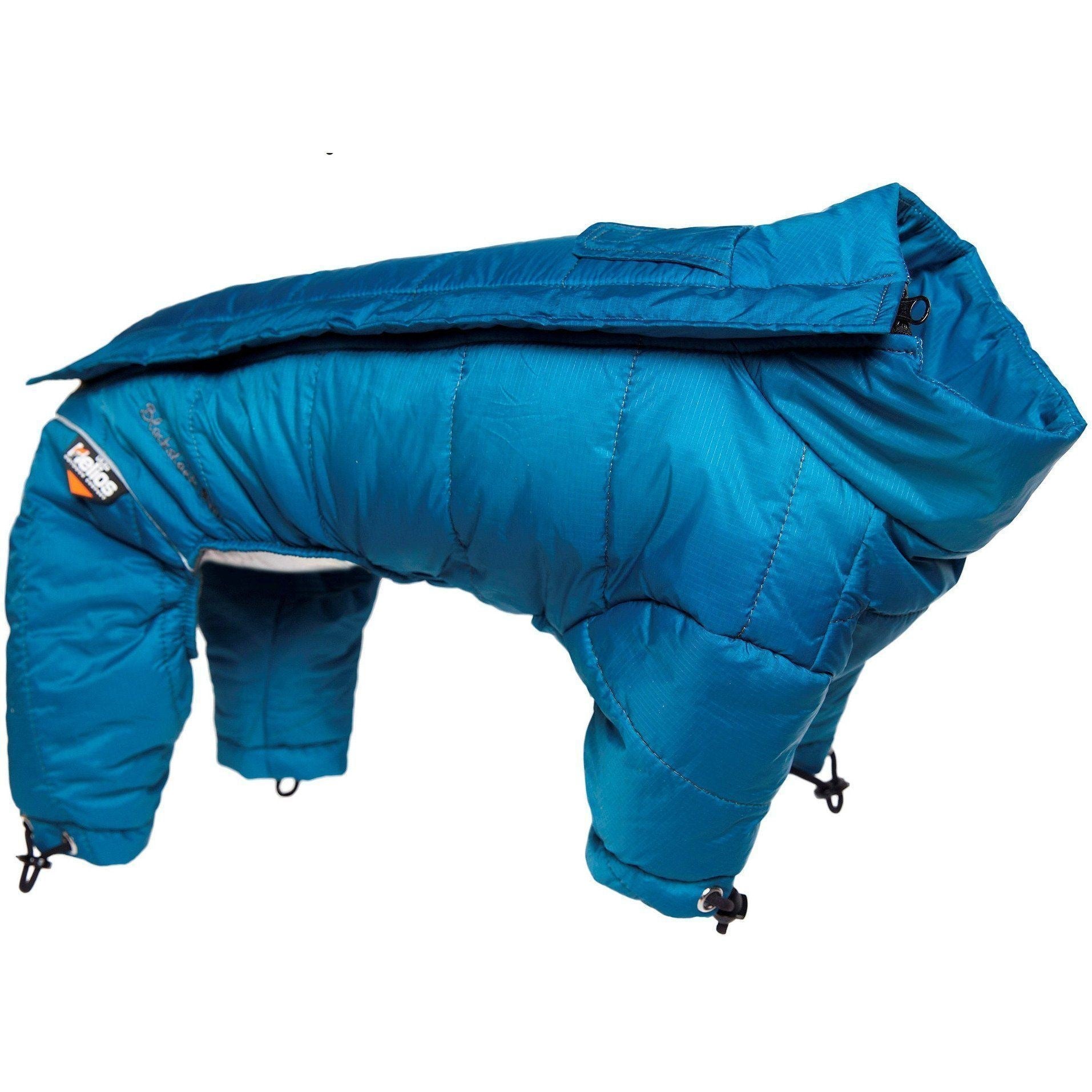 Blue dog coat with 'Helios' branding on a white background