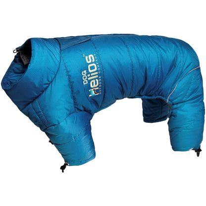Blue dog coat with 'Helios' branding on a white background