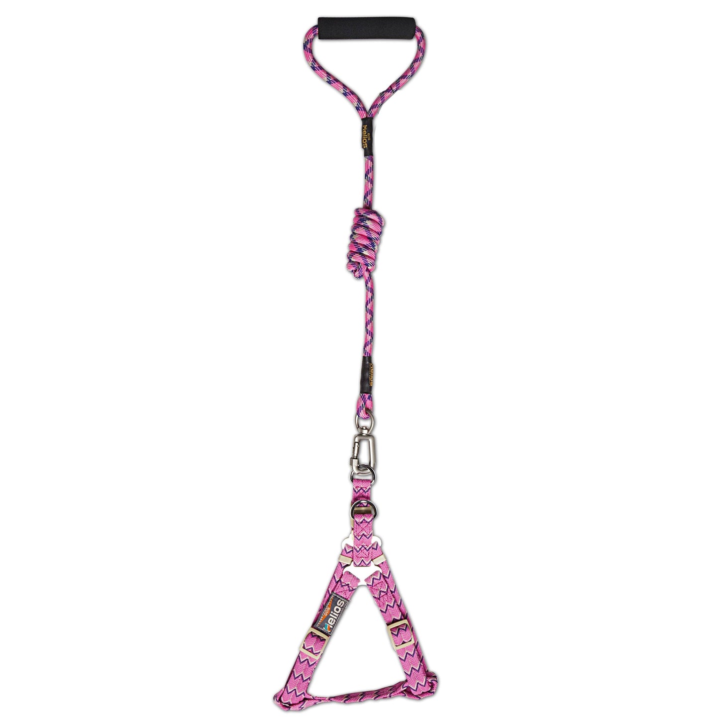 Pink and black patterned dog leash with a triangular design on a white background
