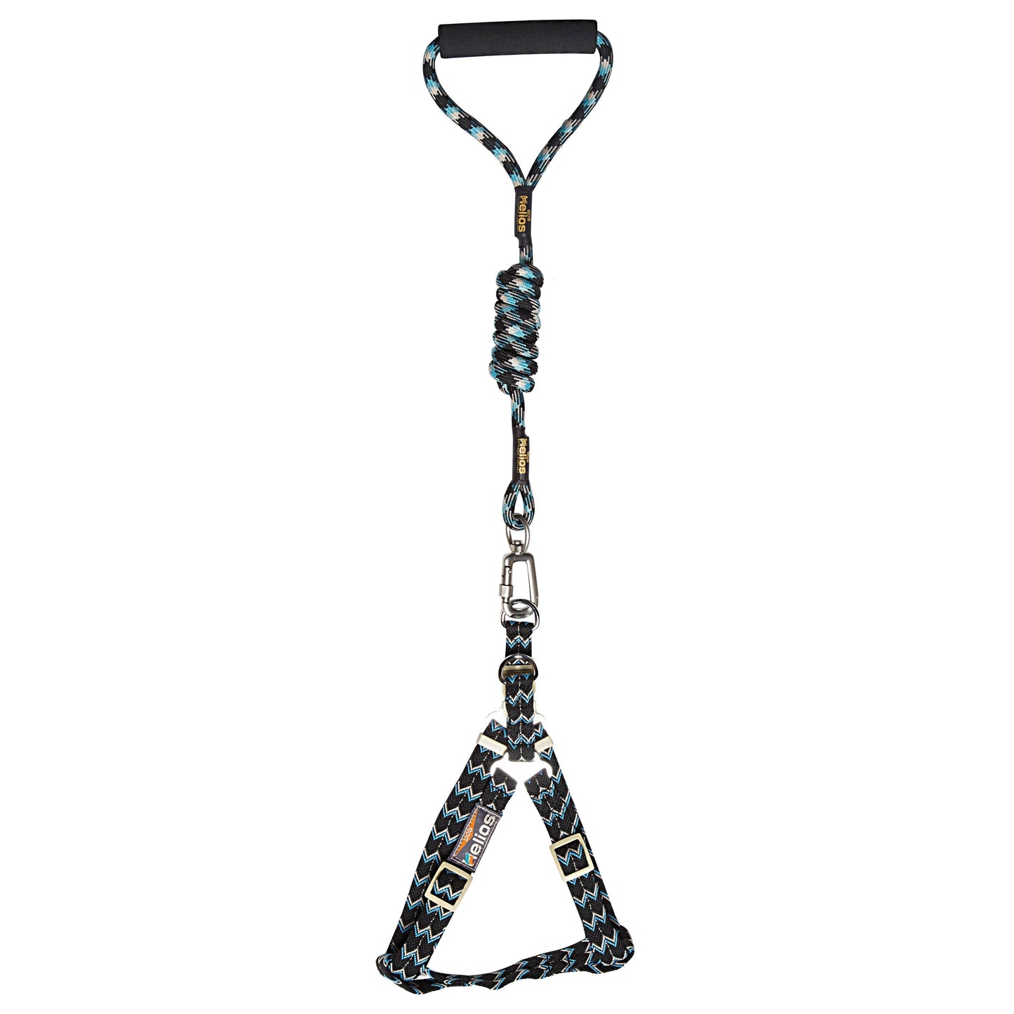 Dog harness with patterned leash on a white background