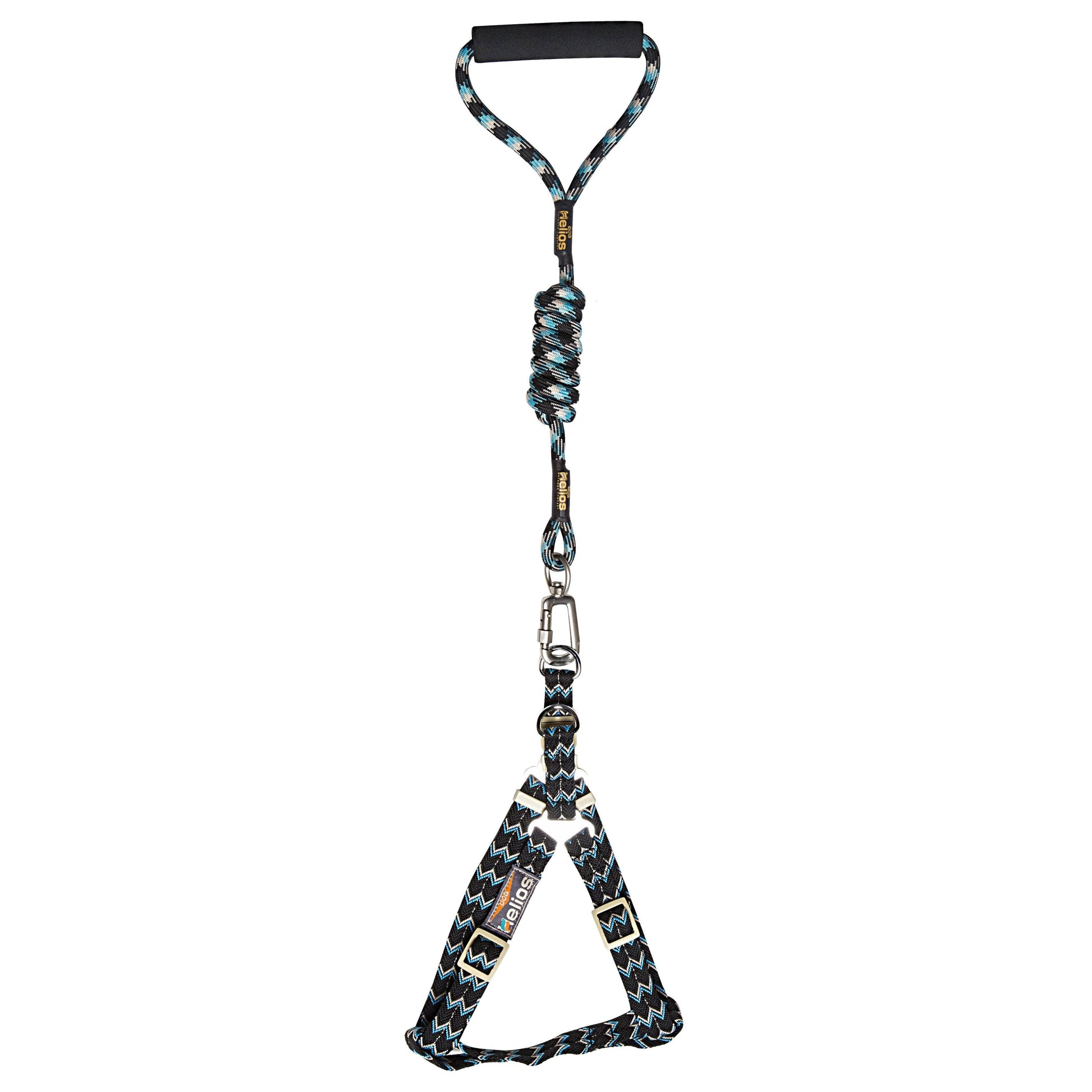 Dog harness with patterned leash on a white background