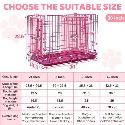 Dog crate size chart with dimensions and weight capacity on a pink background