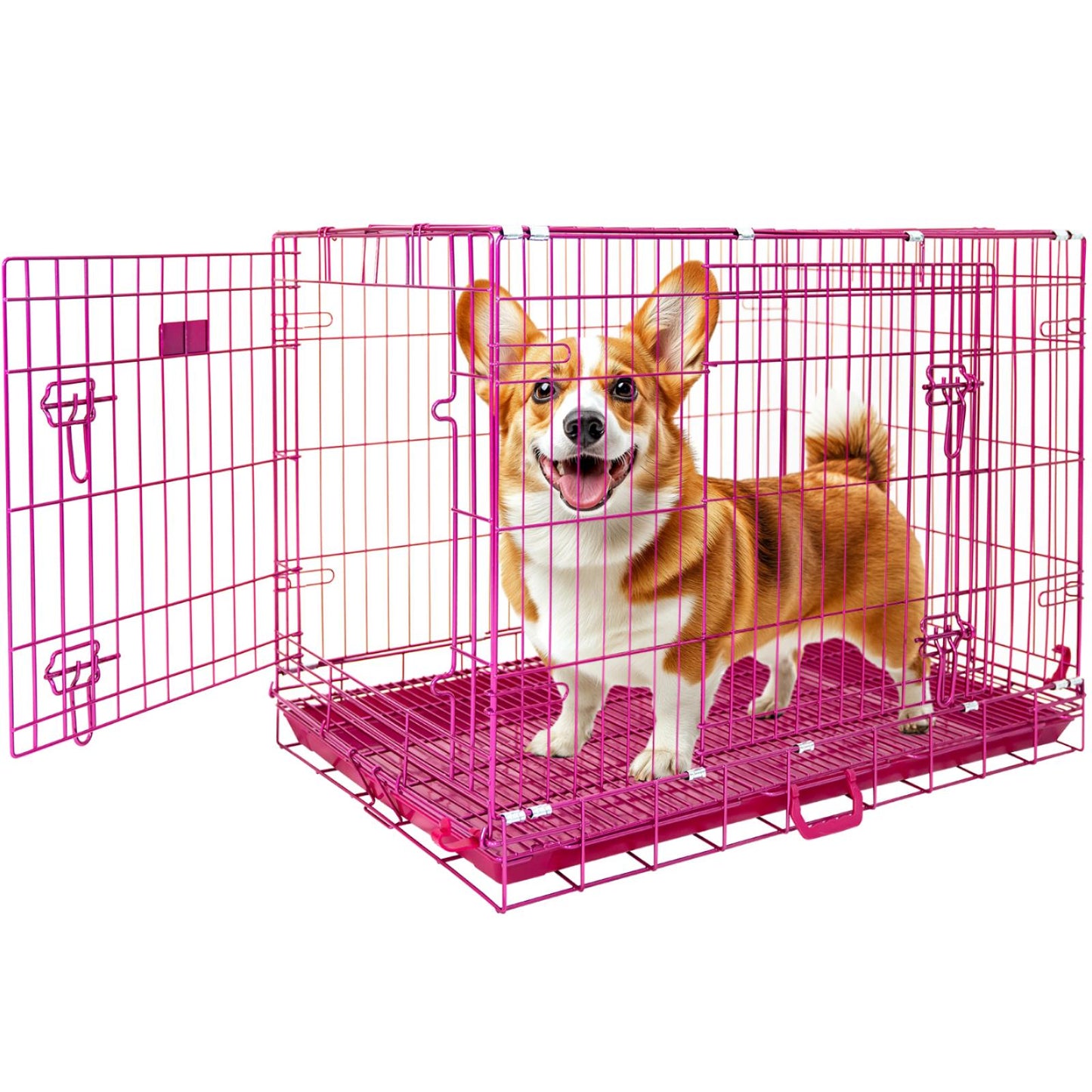Dog standing inside a pink metal dog crate on a white background