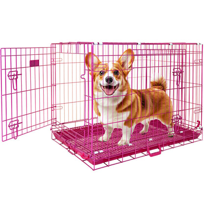 Dog standing inside a pink metal dog crate on a white background