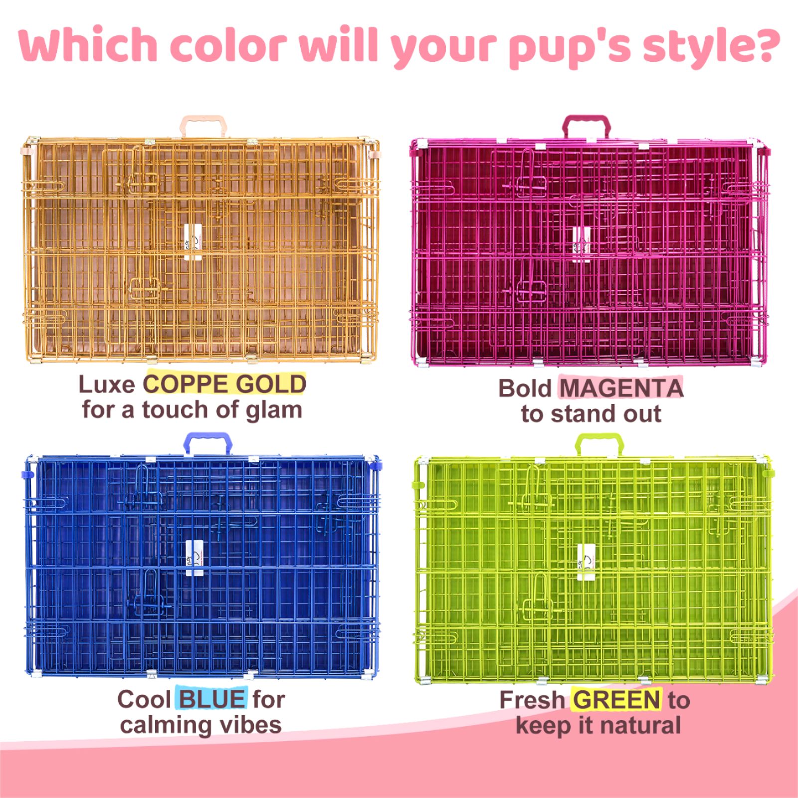 Four colorful pet crates with labels for color and style description.