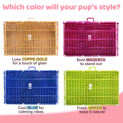 Four colorful pet crates with labels for color and style description.
