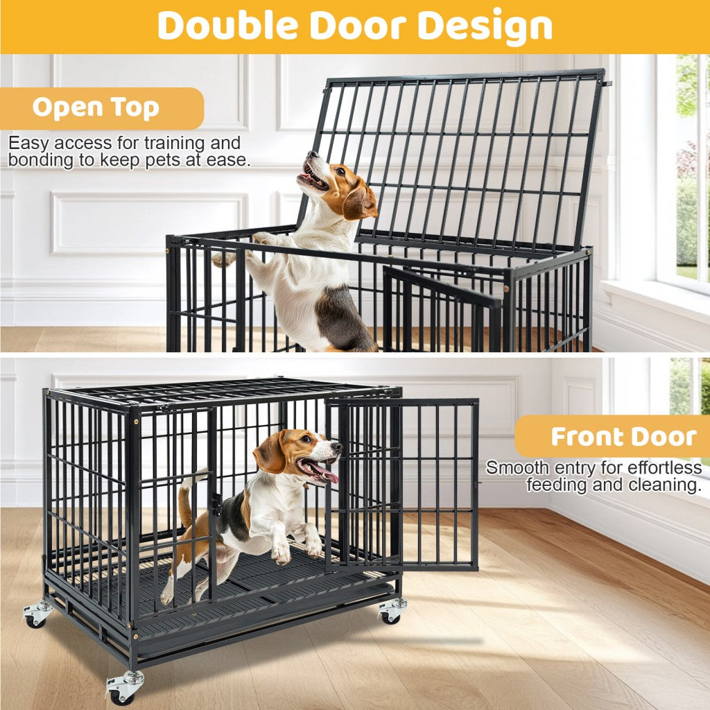 Dog crate with double door design featuring a dog inside, on a wooden floor.