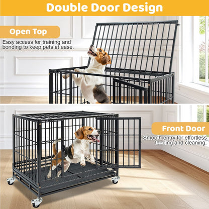 Dog crate with double door design featuring a dog inside, on a wooden floor.