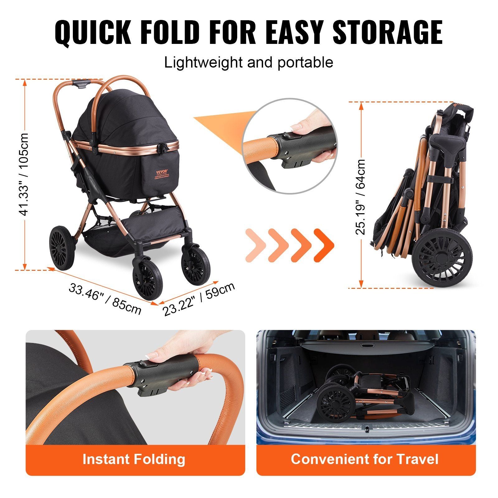 Portable baby stroller with quick fold feature, dimensions, and convenience features on a white background.