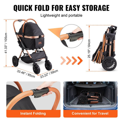 Portable baby stroller with quick fold feature, dimensions, and convenience features on a white background.