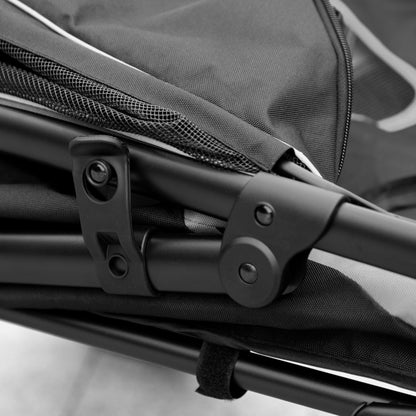 Close-up of a black stroller canopy with mesh side panel